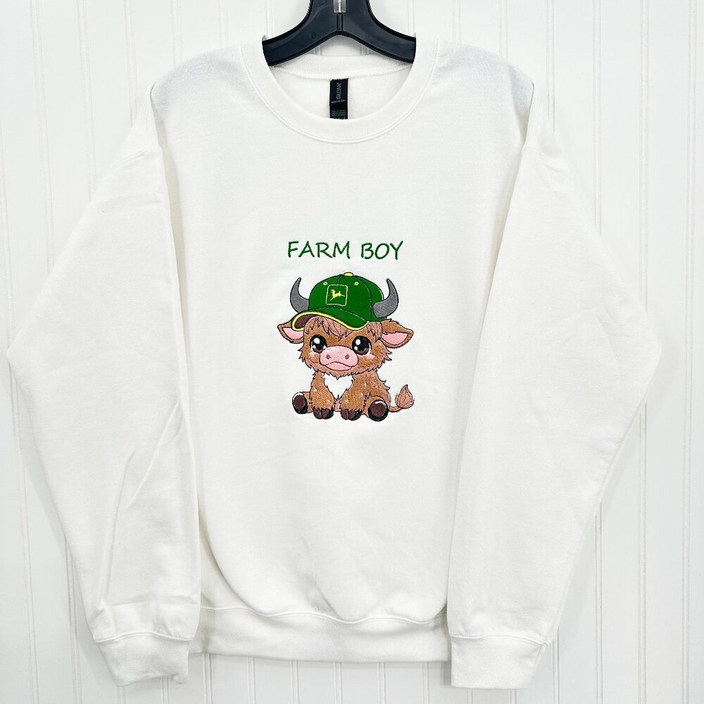 Highland Cow Sweatshirt John Deere Farm Boy Embroidered Adult Unisex Crewneck